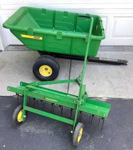 John Deere Utility Dump Trailer and John Deere Dethatcher Trailer - For Lawn Tractor Use -Dump Trailer 43L x 30W x 12D, PCT - 100JD, Lot # 20120327, Serial No. 12044441 - Dethatcher 40W x 8.25D x 11H