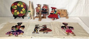 Assortment of Dcor Pieces from Peru- Figurines, Dolls, Pillow Covers, Pins, Bag and Woven Plate