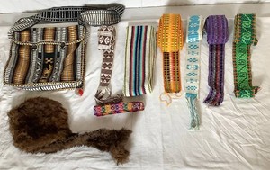 Assortment of Peruvian Belts, Textile Satchel and Alpaca Fur Pouch Bag