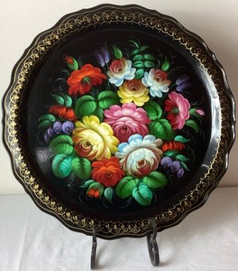 Vintage 17 Russian Zhostovo Metal Tole Serving Tray with Display Stand