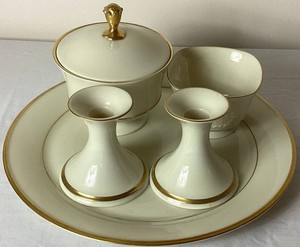 Assorted Complimentary Lenox Pieces - Hand Decorated with 24K Gold- Includes Eternal - 12.5 Round Serving Tray, Lyric- Footed 5 Candy Dish with Lid, Carlton - Pair of Candlesticks, Canterbury - Square Nut Dish