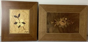 Pair of Handmade by Thayer - House of Marquetry - Wall Hangings Wild Rose - 12.5 x 9.25 and Dogwood Blossom - 8.5 x 10