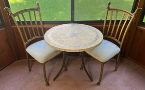 Bistro Table - Pattern CementSlate Finish with 2 Ornate Metal Chairs