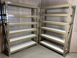 Pair of Large Heavy Duty 6-Shelf Metal Storage Racks with White Wooden Shelves - Height 72.25, Width 53, Depth 17.25