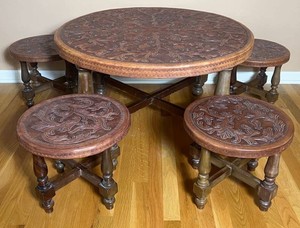Peruvian Hand Tooled Leather Coffee Table with Four Stools
