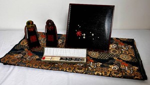 Pair of Japanese Wooden Dolls, Tray, Chopsticks and Fabric