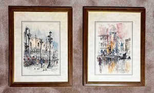 Pair of Jan Korthals Framed Lithographs Roma Piazza Della Repubblica & Palazzo Ducale Venezia