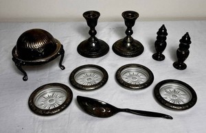 Sterling Silver Weighted Candlesticks and Silverplate Pieces