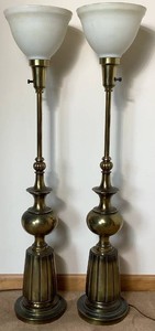 Pair of Vintage Stiffel Brass Torchiere Table Lamps with Milk Glass Shades 7W Base, 37.5H