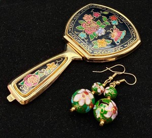Vintage Cloisonne Folding Pocket Mirror and Earrings