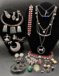 Assortment of Silver Tone - Necklaces, Pins, Earrings, Rings and Bracelet