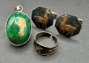 .925 Sterling Silver 18Kt Gold Pendant, Cuff Links and Ring