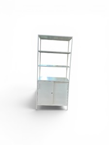 White Modern Cabinet features open shelving above a closed storage base with sliding doors
