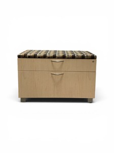 2-drawer lateral file cabinet featuring a patterned cushion top for seating