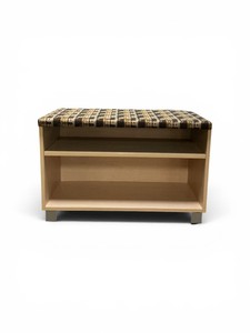 2-shelf storage cabinet featuring a patterned cushion top for seating   Dimensions 26 x 23 x 18