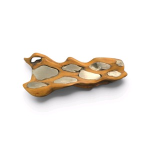 Handmade abstract sculpture crafted from natural wood, featuring inlaid mirrored or polished metal fragments.