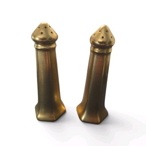 vintage Pickard gold-encrusted porcelain salt and pepper shakers, manufactured in Japan during the 1930s or 1940s