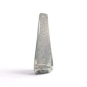 Clear art glass vase features a tall, tapered square form with frosted floral etchings on the sides