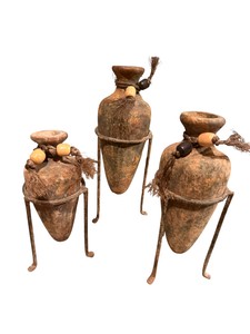 Decorative Rustic Pottery Vase Set w Iron Stands  Southwestern Style  Retail Value $150