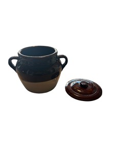 Vintage Brown Drip Glazed Stoneware Cookie Jar w Lid & Side Handles