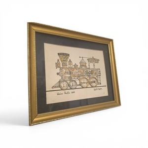 artwork is a horological collage created by L. Kersh of London, featuring a train made from actual clock and watch parts
