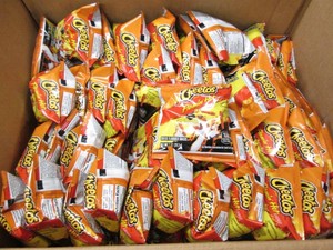 Box of Cheetos flamin hot 1 oz bags...