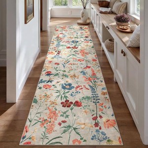 $37 PureCozy Floral Runner Rug 2x10 Washable Hallway Long Beige Bedroom Carpet Non Slip Indoor Boho Kitchen Low Pile Accent Rug Lightweight Soft for Bathroom Dining Laundry Living Room