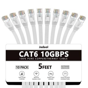 Jadaol Cat 6 Ethernet Cable 5ft 10-Pack, 10Gbps Support Cat8 Cat7 Network, Flat High Speed LAN Internet Patch Cables, Short Ethernet Cables for Router, Modem, Switch, PC, Laptop, Gaming Console, White