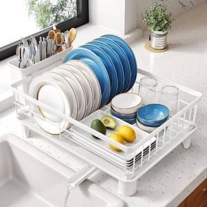 SNTD Dish Drying Rack - Small Dish Rack for Kitchen Counter, Stainless Steel Dish Drainer with Utensil Holder and Drainboard, 11 W x 15 L (White)