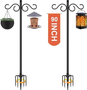 $25 RCUICA Double Shepherds Hooks for Outdoor,2 Pack 90 Inch Bird Feeder Pole with 5 Prongs Base,Heavy Duty Shepherds Hook,Suitable for Garden in Hanging Flower Basket,Lantern,Bird Nests (90 Inch)