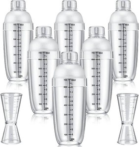 $26 Suclain 8 Pack Plastic Cocktail Shaker Set 6 Pcs 24 oz Hand Drink Mixer Boba Tea Shaker Cup with Scales 2 Pcs Double Measuring Jigger Clear Bottle Tea Drink Mixer Cocktail Cup for Kitchen Bar Party