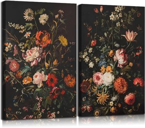 $22 2Pcs Moody Flowers Canvas Wall Art Painting Dark Floral Poster Print Vintage Plant Picture Farmhouse Plant Wall Decor for Bedroom Living Room 16x24in Framed