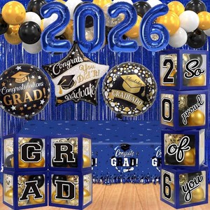 $25 Black and Blue Graduation Decorations Class of 2026 - Graduation Balloon Boxes, Balloon Arch Garland Kit, Fringe Curtains, Party Decorations 2026 for Any Grades