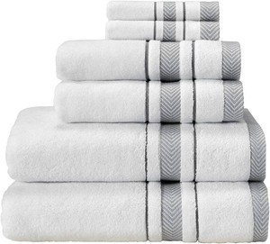 $40 Bath Towels Set for Bathroom   Luxury 6-Piece Cotton Towels, Soft Absorbent & Quick Dry, 600 GSM Bath Towels for Bathroom, Hotel Spa Quality (2 Bath, 2 Hand, 2 Washcloths, White Grey Stripe)