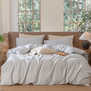 $75 MooMee Striped Duvet Cover Set 100% Washed Cotton Linen Like Queen  Relaxed Linen-like Texture. Soft, Breathable & Long-lasting Comfort. Lightweight. Hidden Zipper with 8 Interior Corner Ties