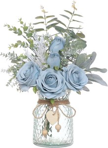 $25 Faux Flowers with Vase,Artificial Silk Roses in Vase, Fake Plant Eucalyptus Flower Arrangement for Home Office Farmhouse Bathroom Dining Table Centerpiece Decorations Coffee Table Decor (Dusty Blue)