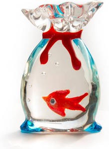 Hand-Blown Glass Goldfish in Bag Figurine, 2 Miniature RedOrange Fish with Clear Water Texture, Cute Lampwork Animal Sculpture, Kawaii Desk Accessory & Aquarium Decor