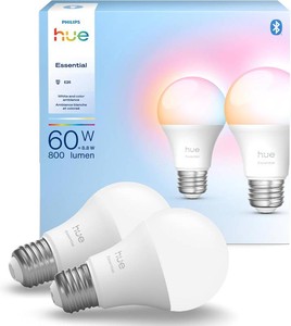 $38 Philips Hue Essential Smart LED A19 Bulb, White and Color Ambiance, E26 Base, 8.8W, 2200K-6500K, 800 Lumens, Dimmable, Works with Alexa, Google, and Apple Home, 2-Pack
