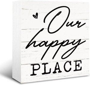 Happy Decor Signs, Farmhouse Home Dorm Decors, Family Room Decor, Living Room Decors for Tabletop, Shelf Decoration, Wooden Box Sign Decorative, Our Happy Place Sign, 5 5 1.2inches