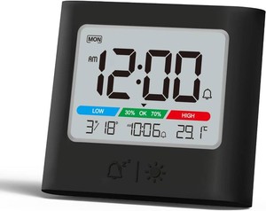ALANAS Small Battery Operated Alarm Clock, Date Temperature Humidity Diaplay, Compact Travel Digital Clocks, Snooze, Backlight, Wall Mountable, for Student Dorm, Small Spaces, Desk, Shelf
