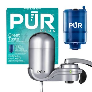 $30 PUR Plus Vertical Faucet Mount Water Filtration System, Lead-Reducing Filter, Great-Tasting, Easy Install, Lasts 100 Gallons, Faucet Water Filter, Compatible with Sinks with External Aerators, Chrome