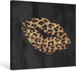 7CANVAS Sexy Lips Wall Art Fashion Lips Canvas Print with Leopard Pattern Stretched Artwork Cheetah Print Decor Gallery Wrap For Bedroom Dressing Room Bathroom 12x12Inch