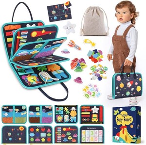 $28 Toddler Sensory Busy Board Travel Toy Activity Book for Girls Boys, Motor Skill Development Gift for Baby Aged 3-4 Years, Fine Educational Preschool Montessori Learning Toy for Car Airplane Space