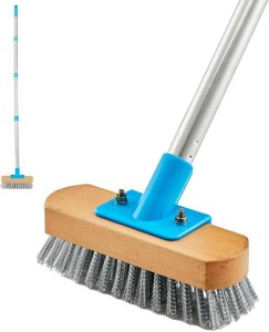 YONILL Stainless Steel Deck Scrub Brush with Long Handle - 60 Heavy Duty Floor Scrubber Brush with Pole, Moss Remover Wire Cleaning Brushes for Rough Surface, Concrete Floor, Patio, Garden, Garage