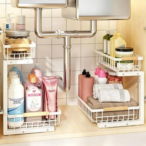 $46 REALINN Under Sink Organizer, 2 Pack Height Adjustable Under Sink Organizers and Storage, 2 Tier Pull Out Drawer Cabinet Storage for Kitchen Bathroom, White
