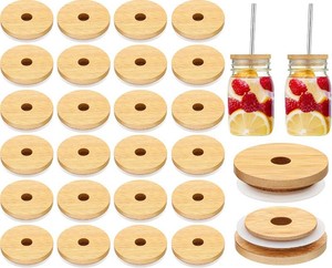 $38 Cunhill 40 Pieces 70mm Bamboo Jar Lids Bulk with Straw Hole for Glass Cups Reusable Mason 2.76 Inch Wooden Lids with Silicone Ring for Beer Can Cups Regular Mouth Drinking Jars