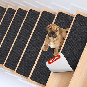 $45 MBIGM Carpet Stair Treads for Wooden Steps, Black, 8 x 30 in, 15 Pack  Four-layer polyester carpet with TPR adhesive backing adds traction and cushioning to smooth indoor wooden stairs
