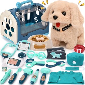 $27 G.C 22Pcs Dog Toys for Kids Doctor Kit, Walking Barking Electronic Interactive Stuffed Dog Vet Kit Costume Pretend Play Puppy Pet Care Veterinarian Playset, Gifts for Kids Girls 3 4 5 6 Year Old