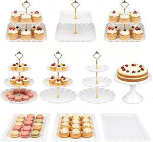 $33 10 Pack Dessert Table Display Set - 3 x Two-Tier and 3 x Three-Tier Cupcake Stands, 3 x Dessert Trays, 1 x Large Cake Stand, Tea Party Decorations, Wedding Decor (White)