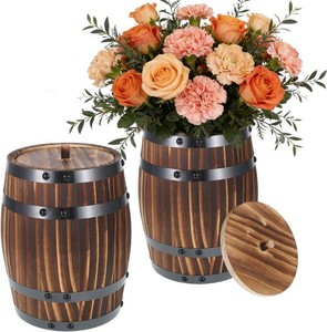 $36 2 Pcs Wood Wine Barrel Vase Set Wooden Flower Planters Rustic Barrel Flower Vase Container for Home Indoor Outdoor Garden Kitchen Wedding Reception Party Table Decoration